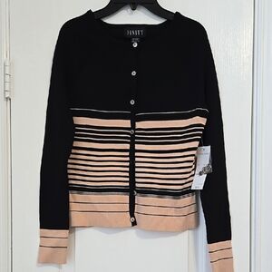 NEW Finity Black Button Cardigan With Beige Stripes - Size M